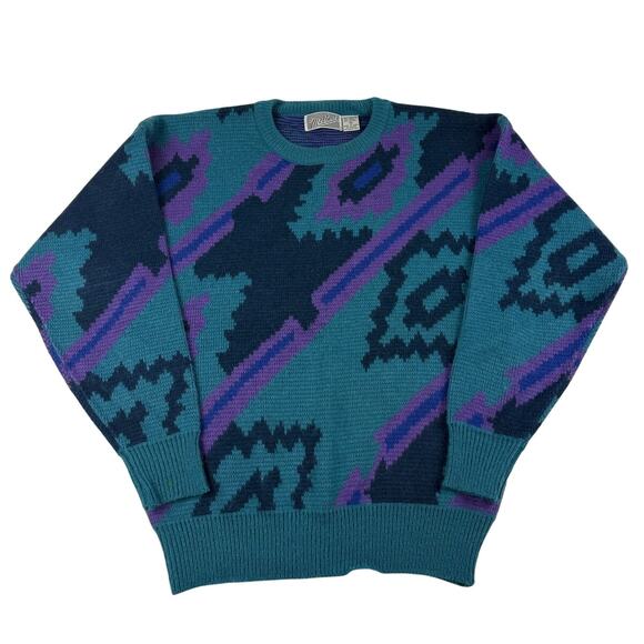 Vintage Abstract Blue Purple Retro 80s Acrylic Wool Blend Sweater Size Medium - Picture 1 of 6